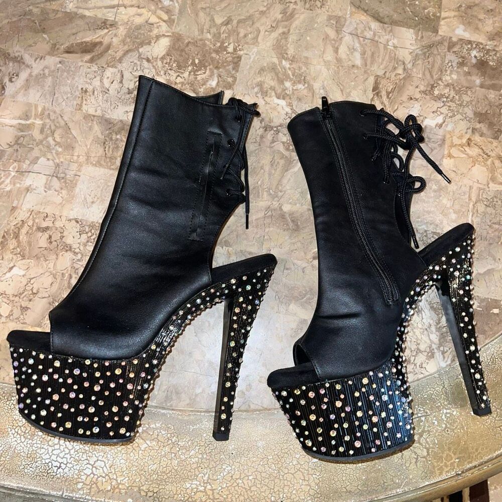 Pleasers pleaser Stardance 1018-7 Open Toe Ankle Boots With Rhinestones Platform